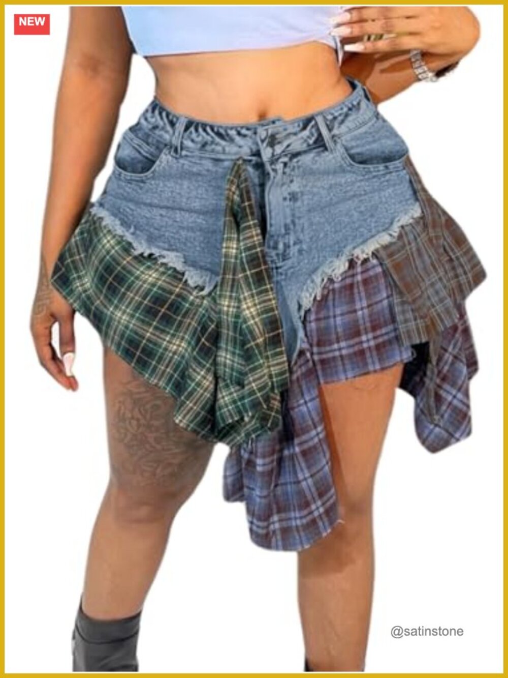 Plaid Patchwork Denim Mini Skirt Asymmetrical Hem High Waist